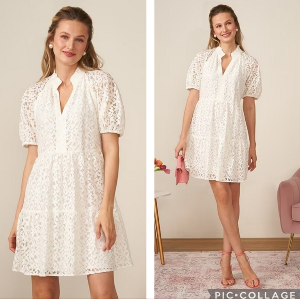 NWT CeCe V Neck Puff Sleeve Lace Babydoll Mini Dress, Sz XS, Bridal Grad Cottage